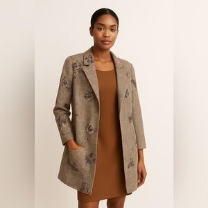Solitaire | Brown & Tan Floral & Houndstooth Checkered long Mirco Suede Jacket